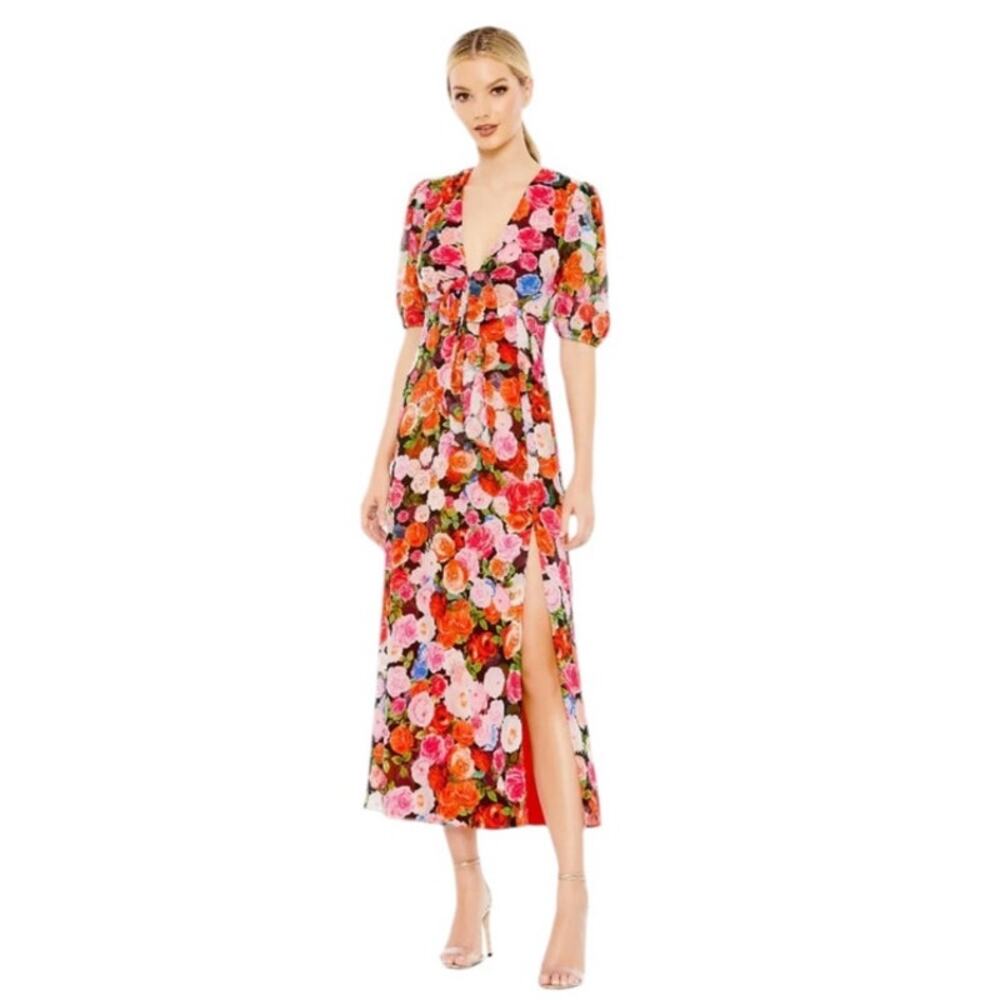 Mac Duggal NEW Size 4 Multicolor Floral Print Front Tie Sleeve Midi Dress 55626